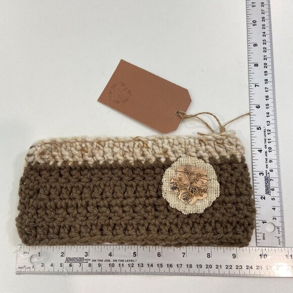 Handcrafted Crochet Brown & Cream Headband With Burlap Flower Accent - Picture 5 of 7